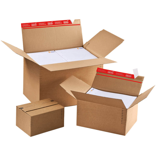 ColomPac höhenvariabler Blitzbodenkarton mit Selbstklebeverschluss und Aufreißfaden, braun, diverse Formate, 10 Stück/Packung